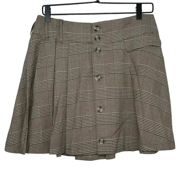 NWT Ci Sono Women’s Plaid Pleated Button Front Mini Skirt Brown Size Large - Picture 2 of 6